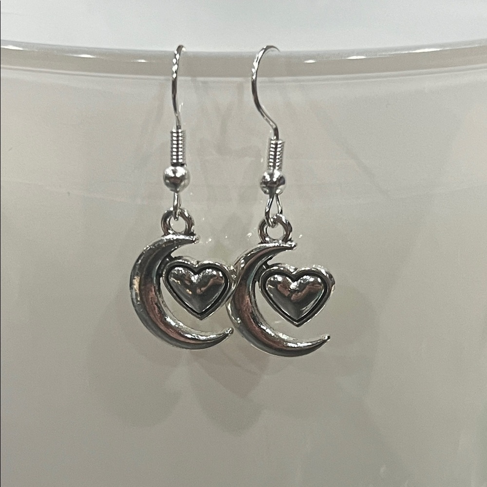 Silver Crescent Moon Heart Earrings